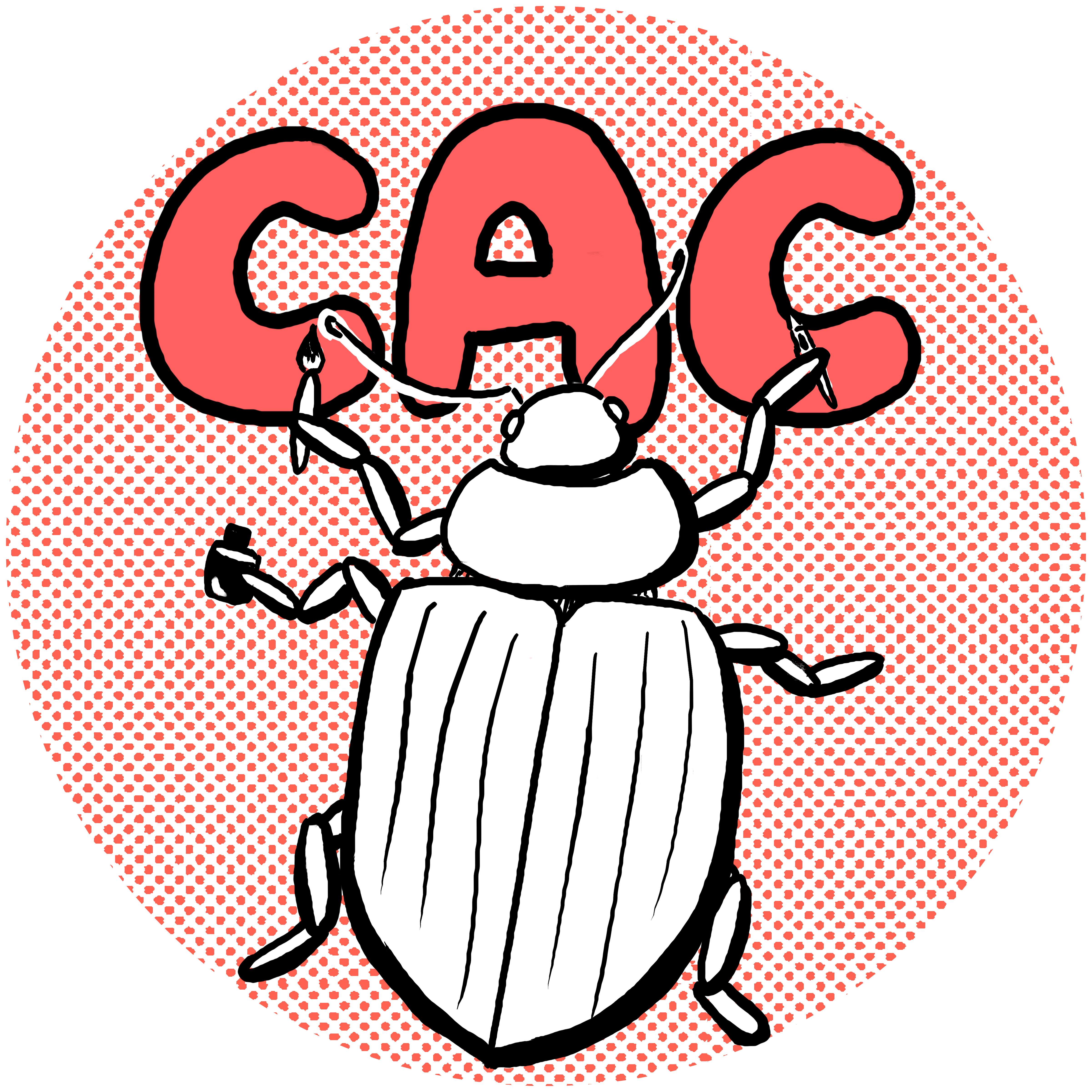 a black and white beetle is super-imposed on a circle of red screentone and the letters C A C.